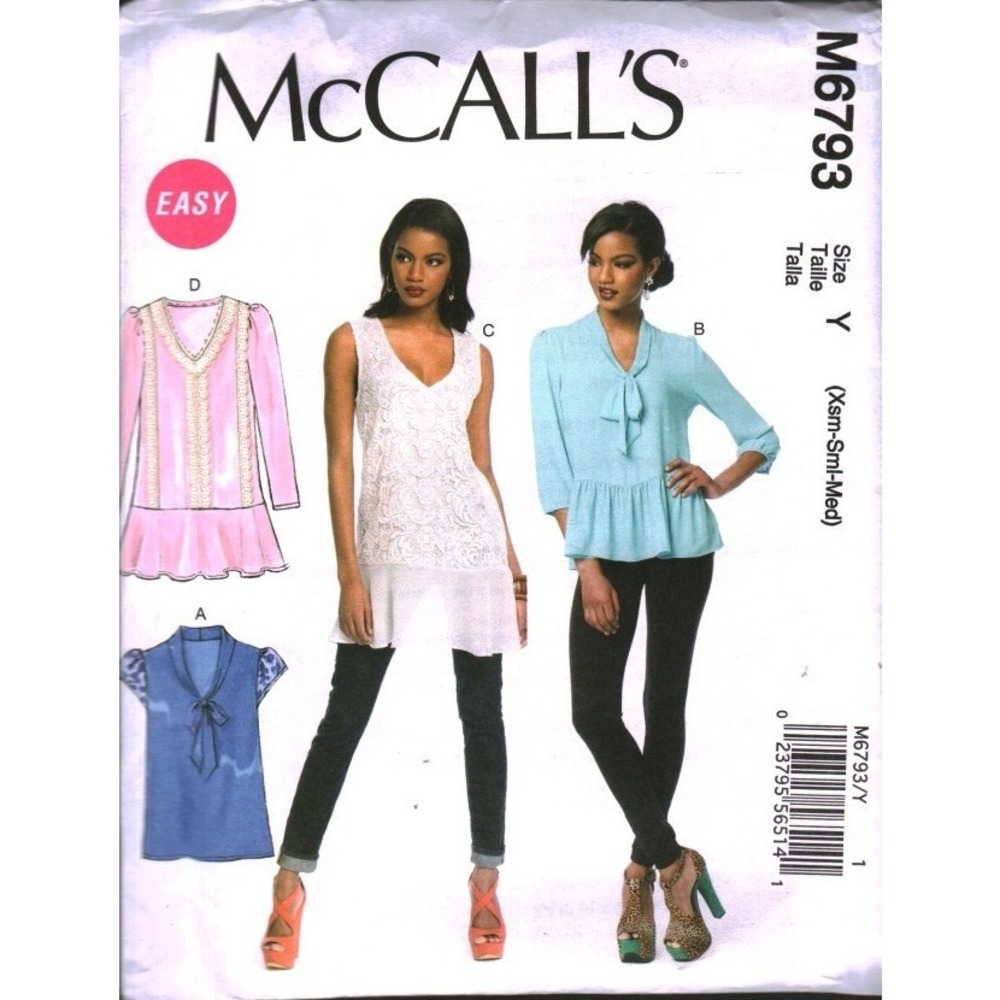 McCall's M6793 Sewing Pattern Misses Tops Peplum Tie Neck Lace Size XS-M Y